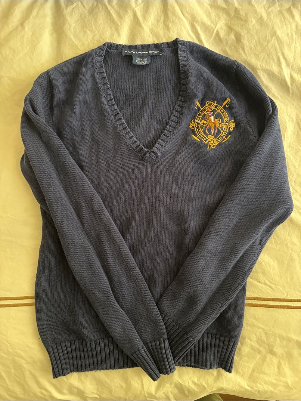 Polo by Ralph Lauren Navy V-Neck Sweater with Gold Crest Embroidery